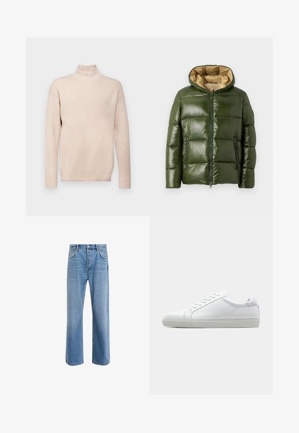 Grüne Pufferjacke mit glänzender Oberfläche, ausgestattet mit Kapuze, durchgehendem Reißverschluss, zwei Reißverschlusstaschen und einem beigen Innenfutter.; Beige gerippter Pullover mit hohem Kragen, langen Ärmeln und lockerer Passform. Weicher Stoff und gleichmäßige Nähte über die gesamte Oberfläche.; Helle blaue Jeans im Geradeschnitt-Design, mit fünf Taschen, Knopfverschluss, minimaler Ausbleichung und kontrastierenden Nähdetails.; Weißer Sneaker mit glattem Lederobermaterial und niedrigem Profil. Verfügt über eine runde Zehenpartie, sechs Ösen und eine strukturierte Gummisohle.