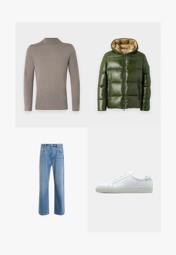 Giacca a vento verde con finitura lucida, dotata di cappuccio, chiusura frontale con zip, due tasche con zip e fodera interna beige.; Maglione a collo alto color marrone chiaro, a maniche lunghe. Tessuto a maglia morbido, design aderente, polsini e orlo a coste. Struttura semplice e senza cuciture.; Jeans in denim blu chiaro con design a gamba dritta, cinque tasche, chiusura con bottone, leggero sbiadimento e dettagli di cucitura a contrasto.; Sneaker bianco con tomaia in pelle liscia e profilo basso. Presenta una punta arrotondata, sei occhielli e una suola in gomma testurizzata.