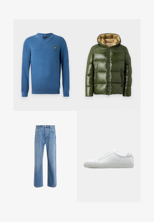 Jachetă puffer verde cu o finisare lucioasă, având glugă, închidere frontală cu fermoar, două buzunare cu fermoar și căptușeală interioară bej.; Pulover cu decolteu în V și mâneci lungi, de culoare albastru deschis, realizat dintr-un material moale, având un mic logo brodat galben pe piept.; Jeans din denim bleu deschis cu un design drept, cinci buzunare, închidere cu buton, decolorare minimă și detalii de cusătură în contrast.; Adidași albi cu o suprafață din piele netedă și un profil jos. Au un vârf rotunjit, șase orificii pentru șireturi și o talpă din cauciuc texturată.