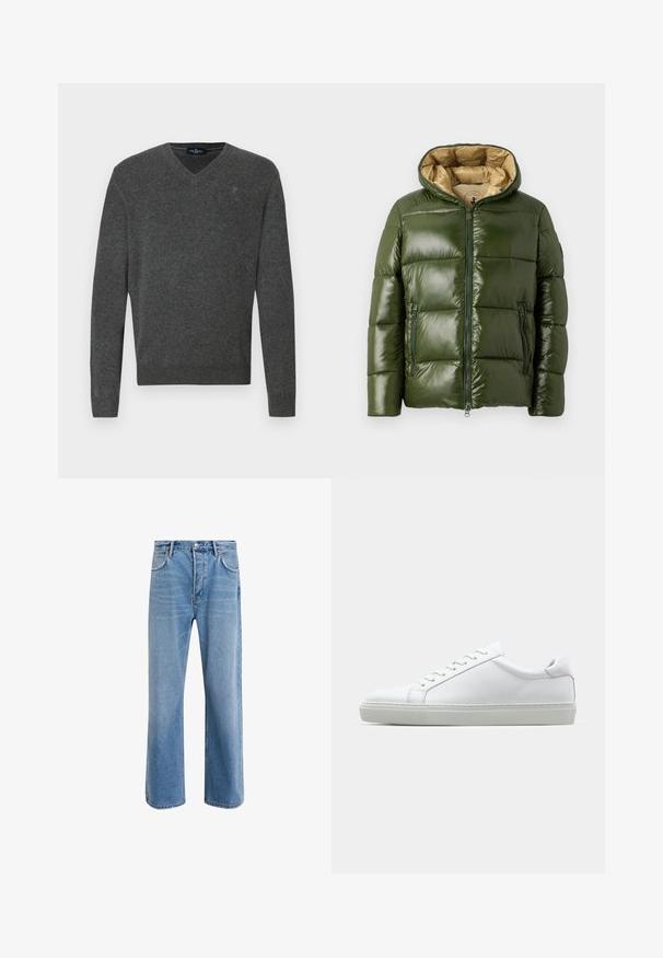 Veste doudoune verte avec une finition brillante, dotée d'une capuche, d'une fermeture éclair à l'avant, de deux poches zippées et d'une doublure intérieure beige.; Pull gris en V en tissu doux. Comprend des poignets et un ourlet côtelés, avec un petit logo brodé sur la poitrine. Design simple, coupe classique.; Jeans en denim bleu clair avec une coupe droite, cinq poches, fermeture à bouton, peu d'usure et des détails de couture contrastés.; Sneaker blanche avec une tige en cuir lisse et un profil bas. Présente un bout arrondi, six œillets et une semelle en caoutchouc texturé.