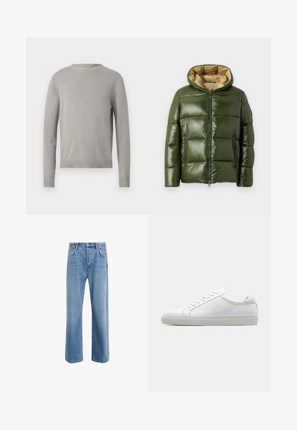 Zelena puffer jakna s sjajnom površinom, koja ima kapuljaču, prednje zatvaranje na zip, dvije džepove sa zipom i bež unutarnju podstavu.; Svijetlosivi pleteni pulover s okruglim izrezom, rebrastim manžetama i donjim rubom. Ima teksturiranu tkaninu u jednobojnoj boji bez uzoraka.; Svijetloplave traperice s ravnim nogavicama, pet džepova, zatvaranjem na gumb, minimalnim izbljeđivanjem i kontrastnim šavovima.; Bijela tenisica s glatkim kožnim gornjim dijelom i niskim profilom. Ima zaobljen vrh, šest rupica za vezanje i teksturiranu gumenu podlogu.