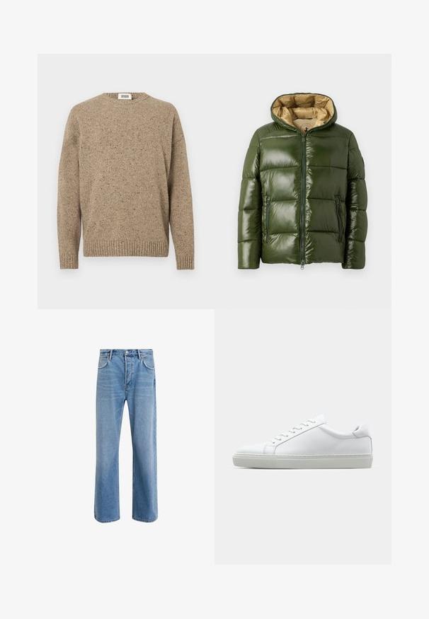 Vihreä puhvitakki, jossa on kiiltävä pinta, huppu, edessä vetoketju, kaksi vetoketjullista taskua ja vaaleanbeige vuori.; Vaaleanbeige neulepaita, jossa on pyöreä kaula-aukko, pitkät hihat ja ribbireunat. Rakenteellinen kangas sisältää tummempia sävyjä.; Vaaleansiniset farkut suoranlahkeisella muotoilulla, viisi taskua, nappisuljenta, vähäinen kuluminen ja kontrastiväriset ompeluyksityiskohdat.; Valkoinen tennari, jossa on sileä nahkapäällinen ja matala profiili. Ominaisuuksiin kuuluu pyöreä kärki, kuusi rei'itystä ja teksturoitu kumipohja.