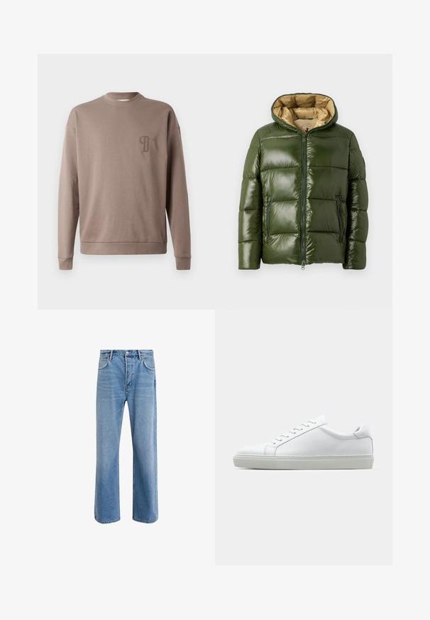 Green puffer jacket with a shiny finish, featuring a hood, front zip closure, two zippered pockets, and a beige inner lining.; Brown sweatshirt with a round neck, long sleeves, and ribbed cuffs. Features a small embroidered logo on the chest. Soft cotton material.; Light blue denim jeans with a straight-leg design, five pockets, button closure, minimal fading, and contrasting stitching details.; White sneaker with a smooth leather upper and a low profile. Features a rounded toe, six eyelets, and a textured rubber sole.