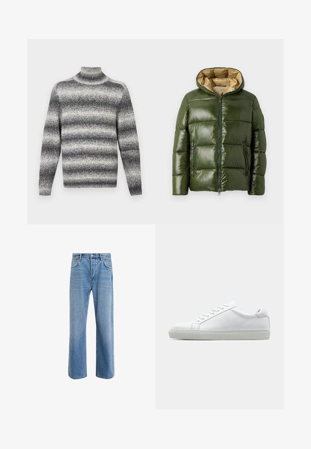 Groene pufferjack met een glanzende afwerking, voorzien van een capuchon, een rits aan de voorkant, twee ritszakken en een beige voering.; Grijs en wit gestreepte coltrui met een geribbelde hals, biedt een zachte textuur en standaard lange mouwen.; Lichtblauwe denim jeans met een straight-leg ontwerp, vijf zakken, knoopsluiting, minimale vervaging en contrasterende stikseldetails.; Witte sneaker met een gladlederen bovenwerk en een laag profiel. Voorzien van een ronde neus, zes vetergaatjes en een gestructureerde rubberen zool.
