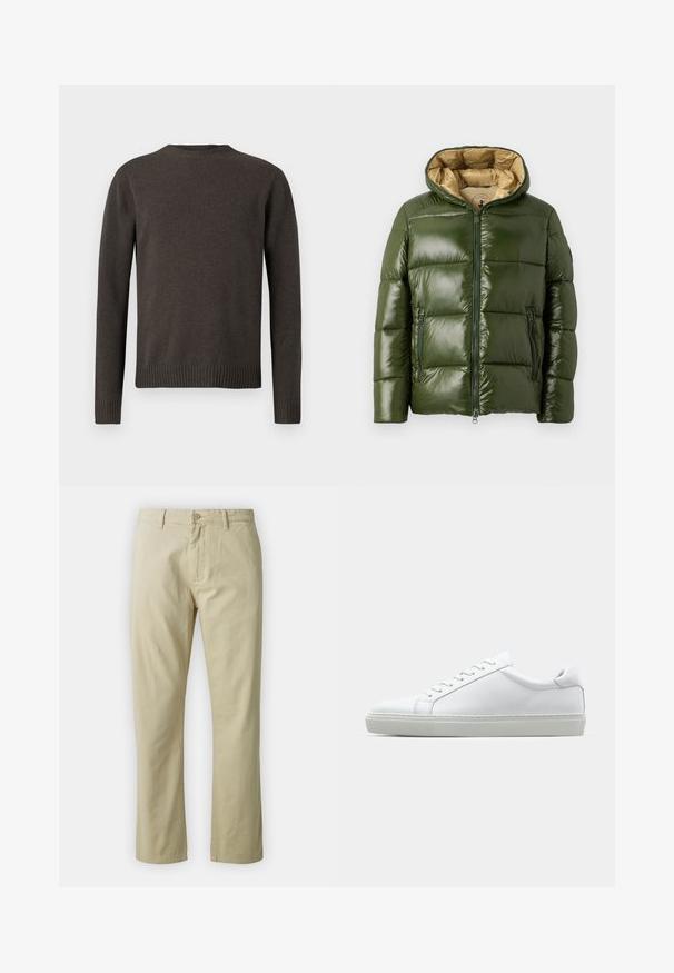 Groene pufferjack met een glanzende afwerking, voorzien van een capuchon, een rits aan de voorkant, twee ritszakken en een beige voering.; Donkergrijs gebreide trui, ronde hals, lange mouwen, ribgebreide manchetten en zoom. Soepele textuur, gemiddelde dikte en minimalistisch ontwerp.; Beige katoenen broek met een recht ontwerp, knoopsluiting aan de voorkant en riemlussen. Gladde textuur, geen zichtbare patronen of accenten.; Witte sneaker met een gladlederen bovenwerk en een laag profiel. Voorzien van een ronde neus, zes vetergaatjes en een gestructureerde rubberen zool.