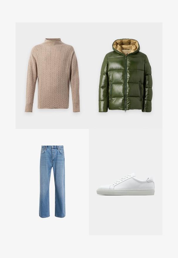 Vihreä puhvitakki, jossa on kiiltävä pinta, huppu, edessä vetoketju, kaksi vetoketjullista taskua ja vaaleanbeige vuori.; Beige kaapelikudottu villapaita, jossa on korkea kaulus, pitkät hihat, tekstuuri ja ribbireunat kädenteissä ja helmassa. Pehmeä ja mukava materiaali.; Vaaleansiniset farkut suoranlahkeisella muotoilulla, viisi taskua, nappisuljenta, vähäinen kuluminen ja kontrastiväriset ompeluyksityiskohdat.; Valkoinen tennari, jossa on sileä nahkapäällinen ja matala profiili. Ominaisuuksiin kuuluu pyöreä kärki, kuusi rei'itystä ja teksturoitu kumipohja.