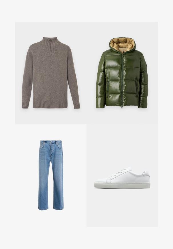 Zielona kurtka puchowa o błyszczącej powierzchni, z kapturem, zapięciem na zamek z przodu, dwiema kieszeniami na zamek oraz beżową podszewką.; Szary sweter z dzianiny z wysokim kołnierzem, prążkowaną fakturą i zamkiem błyskawicznym na ćwierć długości. Prosty krój oraz prążkowane mankiety i dół.; Jasnoniebieskie dżinsy o prostym kroju, pięć kieszeni, zapięcie na guzik, minimalne blaknięcia i kontrastowe wykończenia szwów.; Białe sneakersy z gładką skórzaną cholewką i niskim profilem. Posiadają okrągły nos, sześć dziurek na sznurówki oraz teksturowaną gumową podeszwę.