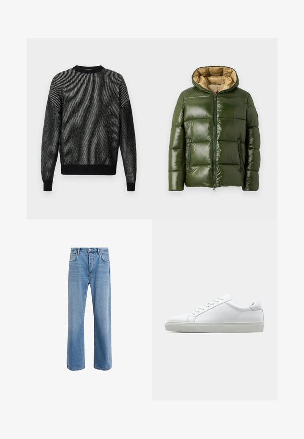 Zelena puhovka s sijočo površino, ki ima kapuco, sprednje zadrgo, dva žepa z zadrgo in bež notranjo oblogo.; Črn pleteni pulover ohlapnega kroja, z značilnim teksturiranim vzorcem, ribanim izrezom, manšetami in spodnjim robom. Dolgi rokavi brez vidnih šivov.; Svetlo modre denim kavbojke s ravno nogavico, petimi žepi, z gumbom za zapiranje, minimalnim zbledelostjo in kontrastnimi šivi.; Bela športna obutev z gladkim usnjenim zgornjim delom in nizkim profilom. Ima zaokrožen nos, šest lukenj za vezalke in teksturiran gumijast podplat.