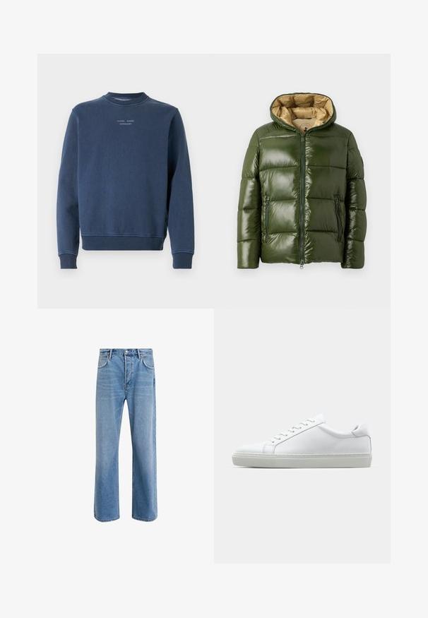 Veste doudoune verte avec une finition brillante, dotée d'une capuche, d'une fermeture éclair à l'avant, de deux poches zippées et d'une doublure intérieure beige.; Sweatshirt bleu marine en coton texturé. Doté d'un col rond, de manches longues et de bords côtelés. Marquage visible sur la poitrine.; Jeans en denim bleu clair avec une coupe droite, cinq poches, fermeture à bouton, peu d'usure et des détails de couture contrastés.; Sneaker blanche avec une tige en cuir lisse et un profil bas. Présente un bout arrondi, six œillets et une semelle en caoutchouc texturé.