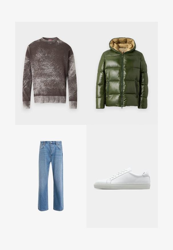 Grüne Pufferjacke mit glänzender Oberfläche, ausgestattet mit Kapuze, durchgehendem Reißverschluss, zwei Reißverschlusstaschen und einem beigen Innenfutter.; Braun-grau gesprenkelter Pullover mit Rundhalsausschnitt und langen Ärmeln, mit gerippten Bündchen und Saum, versehen mit einem kleinen gestickten Logo auf der Brust.; Helle blaue Jeans im Geradeschnitt-Design, mit fünf Taschen, Knopfverschluss, minimaler Ausbleichung und kontrastierenden Nähdetails.; Weißer Sneaker mit glattem Lederobermaterial und niedrigem Profil. Verfügt über eine runde Zehenpartie, sechs Ösen und eine strukturierte Gummisohle.