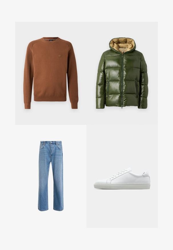 Roheline puhvjakas läikiva viimistlusega, millel on kapuuts, esine tõmblukk, kaks tõmblukuga taskut ja beež sisevooder.; Pruun kudumisvärvi kootud kampsun ümmarguse kaelusega ja soonikkoes mansettidega, millel on rindkerel peen logo ja sile tekstuur.; Heledad sinine teksapüksid otse lõikega, viie taskuga, nupuga sulgemine, minimaalne kulumine ja kontrastsed õmbluse detailid.; Valge tennisetoss, millel on sile nahk pealis ja madal profiil. Omab ümarat ninaosa, kuut silmust ja tekstuuriga kummist talda.