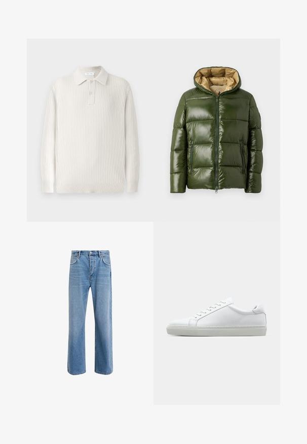 Giacca a vento verde con finitura lucida, dotata di cappuccio, chiusura frontale con zip, due tasche con zip e fodera interna beige.; Maglione polo lavorato a maglia beige chiaro con texture a coste, colletto e due bottoni. Presenta maniche lunghe e orlo aderente.; Jeans in denim blu chiaro con design a gamba dritta, cinque tasche, chiusura con bottone, leggero sbiadimento e dettagli di cucitura a contrasto.; Sneaker bianco con tomaia in pelle liscia e profilo basso. Presenta una punta arrotondata, sei occhielli e una suola in gomma testurizzata.