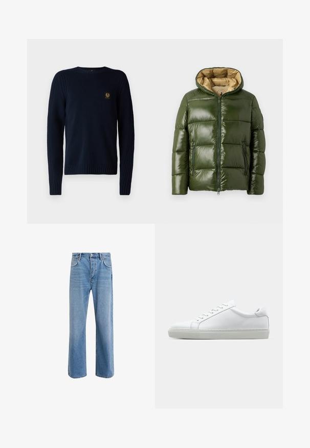 Roheline puhvjakas läikiva viimistlusega, millel on kapuuts, esine tõmblukk, kaks tõmblukuga taskut ja beež sisevooder.; Belstaff WATCH CREWNECK JUMPER - Džemper - dark ink; Heledad sinine teksapüksid otse lõikega, viie taskuga, nupuga sulgemine, minimaalne kulumine ja kontrastsed õmbluse detailid.; Valge tennisetoss, millel on sile nahk pealis ja madal profiil. Omab ümarat ninaosa, kuut silmust ja tekstuuriga kummist talda.