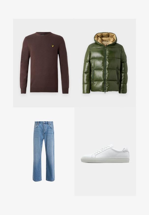 Grön puffjacka med glänsande yta, med huva, framsida med dragkedja, två dragkedjefickor och en beige innerfoder.; Brun tröja i mjukt stickat tyg, med rund halsringning och långa ärmar. Broderad gul fågel på bröstet som detalj.; Ljust blå denimjeans med rak passform, fem fickor, knappstängning, minimal blekning och kontrasterande sömdetaljer.; Vit sneaker med en slät läderövre och låg profil. Har en rundad tå, sex snörhål och en strukturerad gummisula.