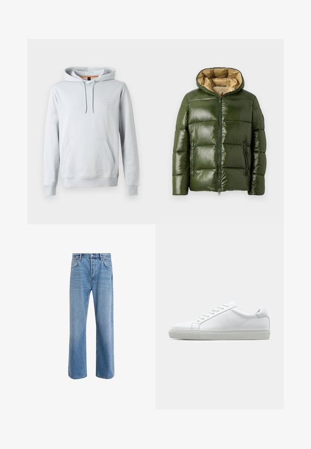 Zelená puffová bunda s lesklým povrchom, vybavená kapucňou, priebežným zipsom, dvoma zipsovými vreckami a béžovou podšívkou.; Svetlosivá mikina vyrobená z mäkkej tkaniny. Má predné klokanie vrecko, kapucňu so šnúrkou a malú nášivku loga na hrudi.; Svetlo modré denimové džínsy so strihom rovného nohu, päť vreciek, zapínanie na gombík, minimálne vyblednutie a kontrastné švy.; Biele tenisky s hladkým koženým zvrškom a nízkym profilom. Majú zaoblenú špičku, šesť očiek a štruktúrovanú gumovú podrážku.