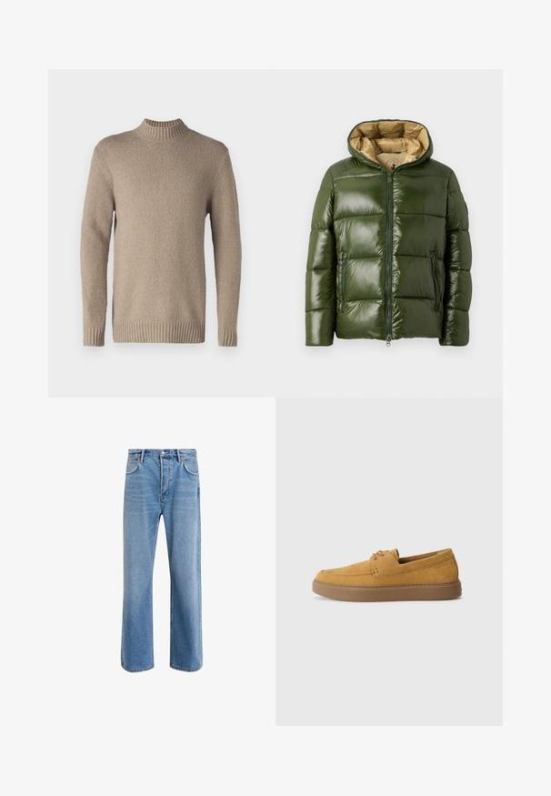 Green puffer jacket with a shiny finish, featuring a hood, front zip closure, two zippered pockets, and a beige inner lining.; Beige knit sweater with a textured surface, ribbed collar, and cuffs. Features long sleeves and a straight hem for a classic design.; Light blue denim jeans with a straight-leg design, five pockets, button closure, minimal fading, and contrasting stitching details.; Brown suede slip-on shoes with a textured finish, round toe, and contrasting rubber sole. Features subtle branding near the heel.