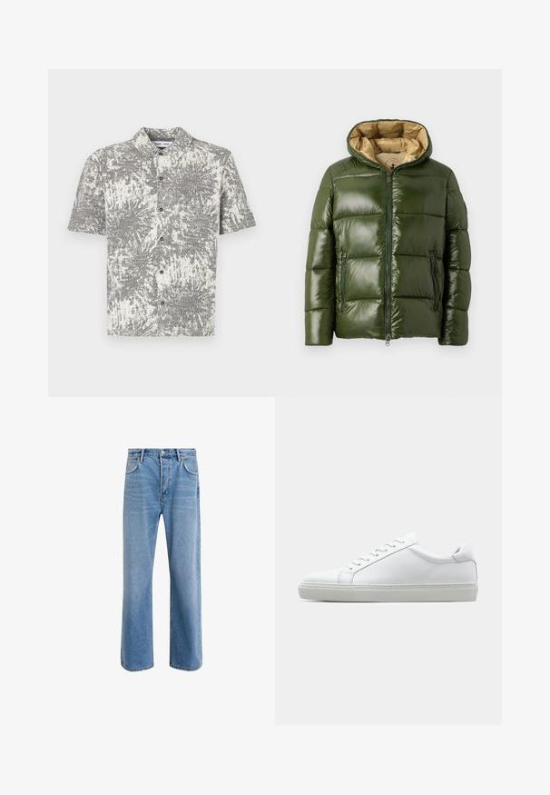 Jachetă puffer verde cu o finisare lucioasă, având glugă, închidere frontală cu fermoar, două buzunare cu fermoar și căptușeală interioară bej.; Cămașă cu mâneci scurte și nasturi, cu un model abstract alb-negru. Are guler și nasturi în față, confecționată dintr-un material ușor.; Jeans din denim bleu deschis cu un design drept, cinci buzunare, închidere cu buton, decolorare minimă și detalii de cusătură în contrast.; Adidași albi cu o suprafață din piele netedă și un profil jos. Au un vârf rotunjit, șase orificii pentru șireturi și o talpă din cauciuc texturată.