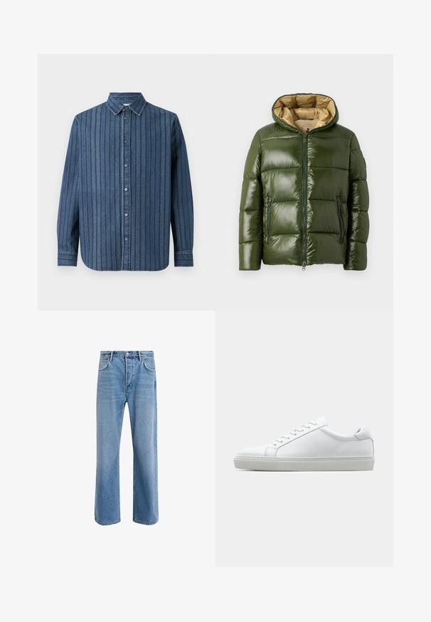 Groene pufferjack met een glanzende afwerking, voorzien van een capuchon, een rits aan de voorkant, twee ritszakken en een beige voering.; Samsøe Samsøe SADAMON SHIRT - Overhemd - denim; Lichtblauwe denim jeans met een straight-leg ontwerp, vijf zakken, knoopsluiting, minimale vervaging en contrasterende stikseldetails.; Witte sneaker met een gladlederen bovenwerk en een laag profiel. Voorzien van een ronde neus, zes vetergaatjes en een gestructureerde rubberen zool.