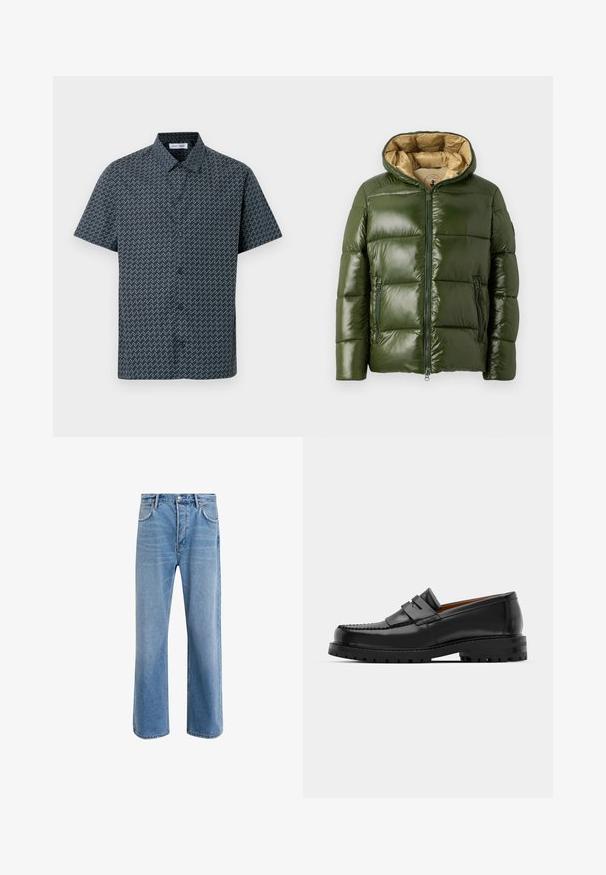 Zelená puffová bunda s lesklým povrchom, vybavená kapucňou, priebežným zipsom, dvoma zipsovými vreckami a béžovou podšívkou.; Košeľa s krátkym rukávom v námorníckej modrej farbe s bielym cik-cakovým vzorom. Má klasický golier a zapínanie na gombíky vpredu. Hladká textúra látky.; Svetlo modré denimové džínsy so strihom rovného nohu, päť vreciek, zapínanie na gombík, minimálne vyblednutie a kontrastné švy.; Čierne kožené mokasíny majú vystúpený šev, dve dekoratívne pásky na vrchu a hrubú textúrovanú podrážku pre lepšiu priľnavosť.