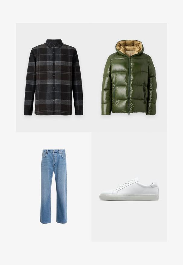 Zöld puffernadrág, fényes felülettel, kapucnival, elöl cipzáros záródással, két cipzáros zsebbel és bézs belső béléssel.; Fekete és szürke kockás flaneling, hegyes gallérral, gombos elejével és két mellzsebével. Puha tapintású és hosszú ujjú.; Világoskék farmernadrág, egyenes szárú fazonnal, öt zsebbel, gombos záródással, minimális kopással és kontrasztos varrással.; Fehér sportcipő sima bőr felső résszel és alacsony profilsal. Kerek orr, hat fűzőlyuk és barázdált gumitalp jellemzi.