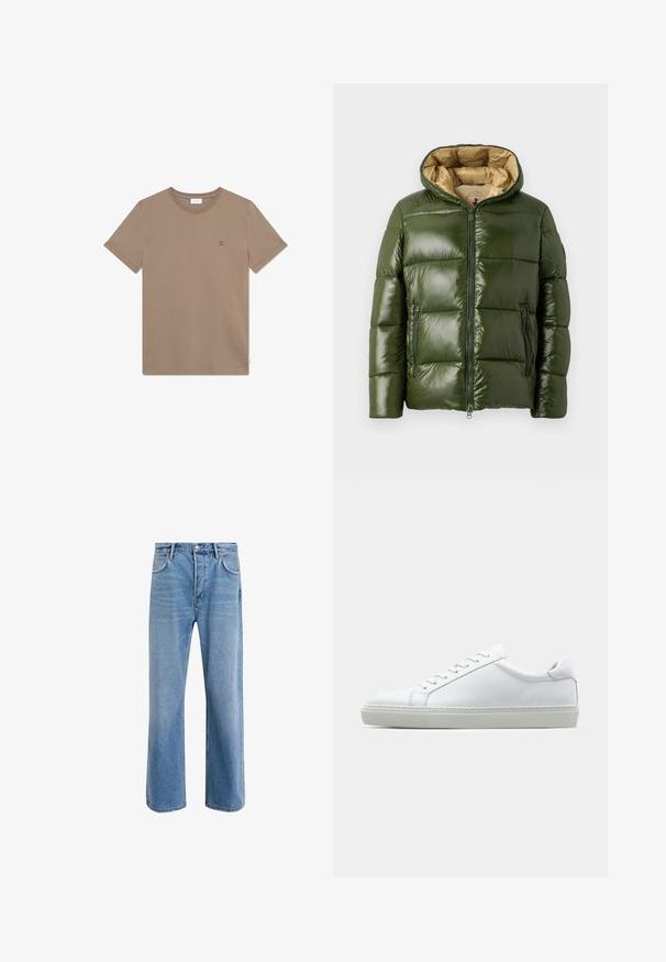 Zöld puffernadrág, fényes felülettel, kapucnival, elöl cipzáros záródással, két cipzáros zsebbel és bézs belső béléssel.; Barna pamut póló, kerek nyakkivágással, rövid ujjakkal, a mellkason egy kis vörös "II" logóval. Egyszerű dizájn és sima textúra.; Világoskék farmernadrág, egyenes szárú fazonnal, öt zsebbel, gombos záródással, minimális kopással és kontrasztos varrással.; Fehér sportcipő sima bőr felső résszel és alacsony profilsal. Kerek orr, hat fűzőlyuk és barázdált gumitalp jellemzi.