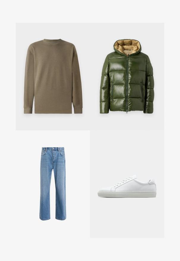 Zaļš pūkains džakets ar spīguļojošu apdari, ar kapuci, priekšējo rāvējslēdzēju, divām kabatām ar rāvējslēdzējiem un bēšu iekšējo oderi.; Olīvu zaļa garu pieduru teksturēta blūze ar klasisko kakla izgriezumu un ribotu audumu, piedāvājot taisnas maliņas un strukturētas piedurknes.; Gai zilas džinsu bikses ar taisnām kājām, piecām kabatām, pogu aizvēršanu, minimālu izbalēšanu un kontrastējošiem šuvju elementiem.; Baltie sporta apavi ar gludu ādas virsu un zemu profilu. Iezīmējas ar noapaļotu purngalu, sešām acīm un teksturētu gumijas zoli.