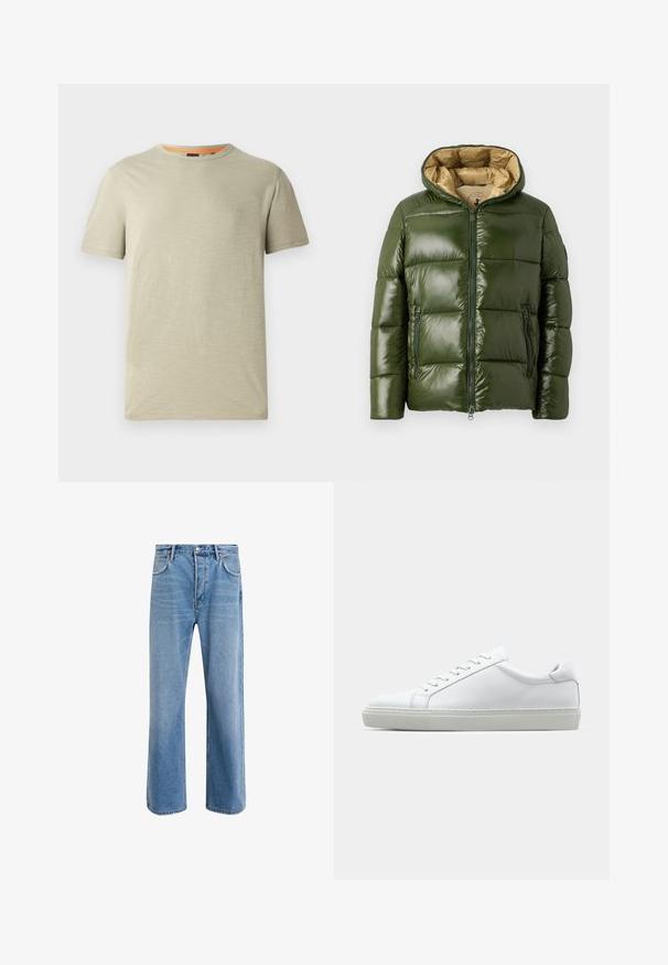 Zelena puhovka s sijočo površino, ki ima kapuco, sprednje zadrgo, dva žepa z zadrgo in bež notranjo oblogo.; Svetlo zelena majica s kratkimi rokavi, izdelana iz teksturirane tkanine. Ima okroglo izrez in majhen reliefni logotip "BOSS" na prsih.; Svetlo modre denim kavbojke s ravno nogavico, petimi žepi, z gumbom za zapiranje, minimalnim zbledelostjo in kontrastnimi šivi.; Bela športna obutev z gladkim usnjenim zgornjim delom in nizkim profilom. Ima zaokrožen nos, šest lukenj za vezalke in teksturiran gumijast podplat.