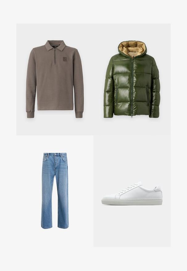 Zielona kurtka puchowa o błyszczącej powierzchni, z kapturem, zapięciem na zamek z przodu, dwiema kieszeniami na zamek oraz beżową podszewką.; Brązowa koszulka polo z długim rękawem, zapinana na ćwierć zamka, z małym logiem na lewej piersi, wyeksponowana na białym tle.; Jasnoniebieskie dżinsy o prostym kroju, pięć kieszeni, zapięcie na guzik, minimalne blaknięcia i kontrastowe wykończenia szwów.; Białe sneakersy z gładką skórzaną cholewką i niskim profilem. Posiadają okrągły nos, sześć dziurek na sznurówki oraz teksturowaną gumową podeszwę.