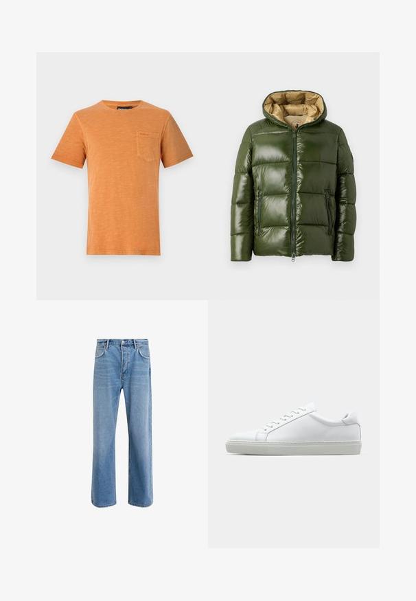 Zöld puffernadrág, fényes felülettel, kapucnival, elöl cipzáros záródással, két cipzáros zsebbel és bézs belső béléssel.; Rövid ujjú, narancssárga póló, amely puha pamutból készült. Elülső mellzsebe varrási részletekkel rendelkezik. Klasszikus kerek nyakú kialakítás.; Világoskék farmernadrág, egyenes szárú fazonnal, öt zsebbel, gombos záródással, minimális kopással és kontrasztos varrással.; Fehér sportcipő sima bőr felső résszel és alacsony profilsal. Kerek orr, hat fűzőlyuk és barázdált gumitalp jellemzi.