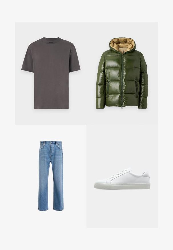 Green puffer jacket with a shiny finish, featuring a hood, front zip closure, two zippered pockets, and a beige inner lining.; Dark grey short-sleeve T-shirt made from soft cotton, featuring a round neck and minimalistic design with no visible patterns or accents.; Light blue denim jeans with a straight-leg design, five pockets, button closure, minimal fading, and contrasting stitching details.; White sneaker with a smooth leather upper and a low profile. Features a rounded toe, six eyelets, and a textured rubber sole.