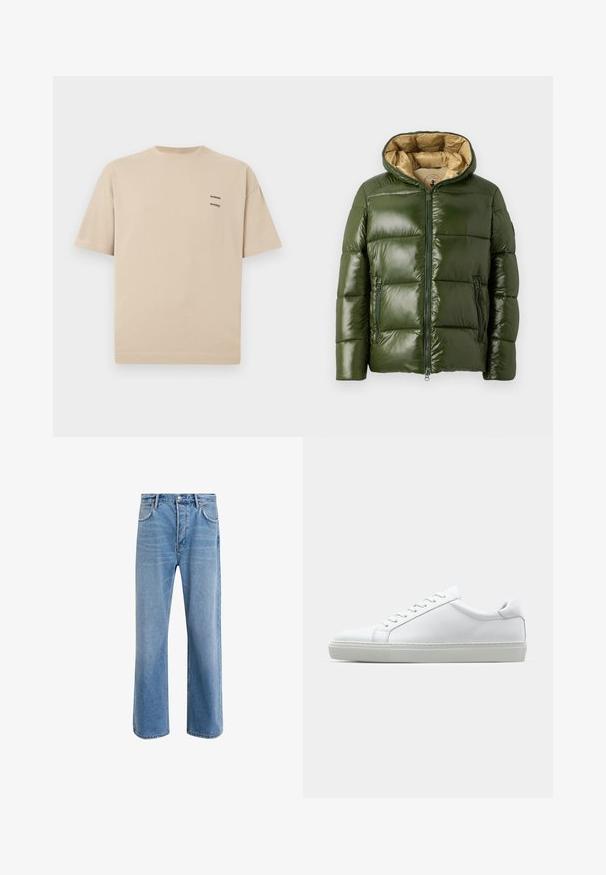 Zelená puffová bunda s lesklým povrchom, vybavená kapucňou, priebežným zipsom, dvoma zipsovými vreckami a béžovou podšívkou.; Béžové bavlnené tričko s okrúhlym výstrihom a krátkymi rukávmi. Obsahuje malé textové logo na hornej ľavej strane. Jednoduchý, neozdobený dizajn.; Svetlo modré denimové džínsy so strihom rovného nohu, päť vreciek, zapínanie na gombík, minimálne vyblednutie a kontrastné švy.; Biele tenisky s hladkým koženým zvrškom a nízkym profilom. Majú zaoblenú špičku, šesť očiek a štruktúrovanú gumovú podrážku.