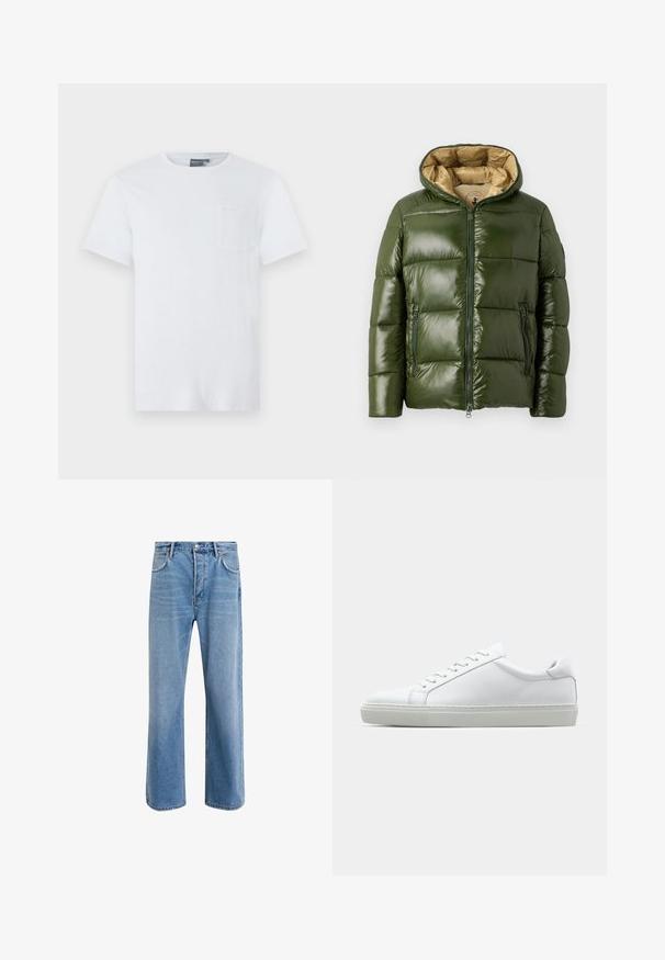 Jachetă puffer verde cu o finisare lucioasă, având glugă, închidere frontală cu fermoar, două buzunare cu fermoar și căptușeală interioară bej.; Cămașă T-shirt albă din bumbac, cu mâneci scurte, decolteu la bază și un mic buzunar frontal. Textură moale și design minimalist.; Jeans din denim bleu deschis cu un design drept, cinci buzunare, închidere cu buton, decolorare minimă și detalii de cusătură în contrast.; Adidași albi cu o suprafață din piele netedă și un profil jos. Au un vârf rotunjit, șase orificii pentru șireturi și o talpă din cauciuc texturată.