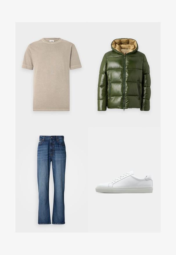 Groene pufferjack met een glanzende afwerking, voorzien van een capuchon, een rits aan de voorkant, twee ritszakken en een beige voering.; Beige katoenen T-shirt met korte mouwen en een ronde halslijn. Heeft zichtbare naden langs de mouwen en zoom. Eenvoudige, gladde textuur.; Blauwe denim jeans met een hoge taille, uitlopende pijpen, vijf-vaks ontwerp en tonale stiksels. Bevat een knopenfly en gestikte zakken.; Witte sneaker met een gladlederen bovenwerk en een laag profiel. Voorzien van een ronde neus, zes vetergaatjes en een gestructureerde rubberen zool.