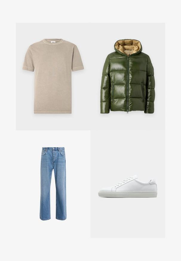 Vihreä puhvitakki, jossa on kiiltävä pinta, huppu, edessä vetoketju, kaksi vetoketjullista taskua ja vaaleanbeige vuori.; Beige puuvillainen t-paita, jossa on lyhyet hihat ja pyöreä pääntie. Hihansuissa ja helmassa näkyvät saumat. Yksinkertainen, sileä tekstuuri.; Vaaleansiniset farkut suoranlahkeisella muotoilulla, viisi taskua, nappisuljenta, vähäinen kuluminen ja kontrastiväriset ompeluyksityiskohdat.; Valkoinen tennari, jossa on sileä nahkapäällinen ja matala profiili. Ominaisuuksiin kuuluu pyöreä kärki, kuusi rei'itystä ja teksturoitu kumipohja.