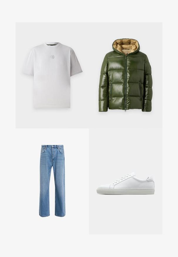 Roheline puhvjakas läikiva viimistlusega, millel on kapuuts, esine tõmblukk, kaks tõmblukuga taskut ja beež sisevooder.; Valge lühikeste varrukatega T-särk, mis on valmistatud puuvillast, õrnalt kupli kujulise embostega logoga rinnal, ümmargune kaelus ja mugav lõige.; Heledad sinine teksapüksid otse lõikega, viie taskuga, nupuga sulgemine, minimaalne kulumine ja kontrastsed õmbluse detailid.; Valge tennisetoss, millel on sile nahk pealis ja madal profiil. Omab ümarat ninaosa, kuut silmust ja tekstuuriga kummist talda.