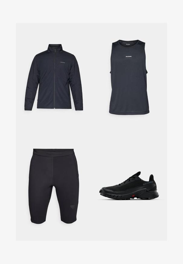 Juodas lengvas švarkas su aukštu apykakle, pilnu užtrauktuku ir logotipu kairėje krūtinės pusėje. Tekstūruota medžiaga su minimalistišku dizainu.; Vyriška be rankovių sportinė marškinėlius tamsiai mėlynos spalvos, pagaminti iš kvėpuojančios medžiagos su tekstūruotu paviršiumi ir atspindinčiu logotipo akcentu priekyje.; Juodi dviratininkų šortai, pagaminti iš tamprios medžiagos, pasižymintys lygiu paviršiumi, prigludusia forma ir subtiliu logotipu apatinėje kojos dalyje.; Juodi sportiniai batai su tekstūruotu viršumi, apvaliu priekiu ir ryškiu guminio pado apvadu. Yra logotipas šone ir raudonos detalės padu.