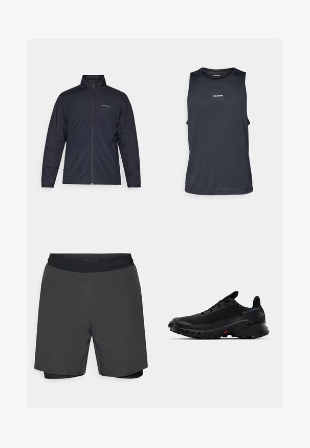 Mustmust värvitud kerge jakk kõrge kraega, täispikk tõmblukk ja logo vasakul rinnal. Tekstuuriga kangas koos minimalistliku disainiga.; Meeste ilma varrukateta treeningpoliisi tumesinises toonis, valmistatud hingavast kangast, millel on tekstuuriga viimistlus ja esiküljel peegeldav logo detail.; Meeste lühikesed püksid tumesinisena, musta elastse vöökoha ja sisemise sobiva kihiga. Sile tekstuur, põlve pikkune disain.; Mustad mustes spordijalatsid tekstureeritud pealmise osaga, ümarate varvastega ja silmapaistva kummise alusega. Küljel on logo ning tallal punased detailid.
