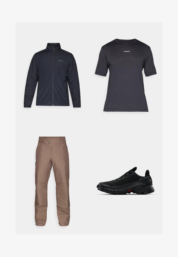 Melnas, vieglas jakas ar augstu apkakli, pilnu rāvējslēdzēju un logotipu kreisajā krūtī. Tekstūrēta auduma, minimālisma dizains.; Melnas īsām piedurknēm izstrādāta veiktspējas T-krekls, kas izgatavots no elpojoša auduma, ar apaļu kakla izgriezumu un nelielu baltu "SALOMON" logotipu uz krūtīm.; Brūnas āra bikses ar gludu tekstūru, divām pogām aizdarei un sānu rāvējslēdzējiem kabatām. Piedāvā nostiprinātas ceļa zonas izturībai.; Melni sporta apavi ar teksturētu augšdaļi, apaļu purngalu un izteiktu gumijas zoli. Tiem ir logotips uz sāna un sarkanas detaļas uz zoles.