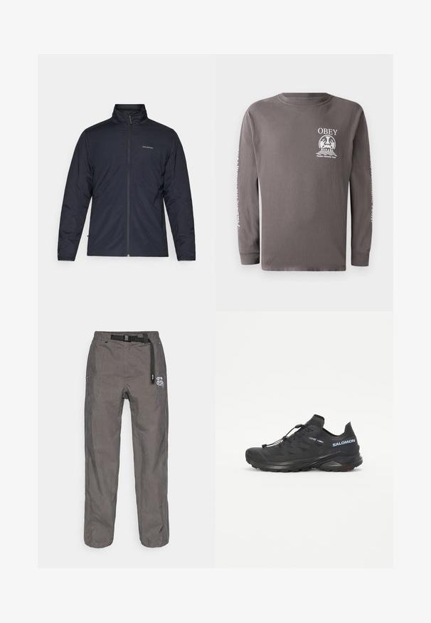 Jaqueta leve preta com gola alta, zíper inteiro e logotipo no lado esquerdo do peito. Tecido texturizado com um design minimalista.; T-shirt cinza de algodão de mangas longas com gola redonda. A parte frontal apresenta o logótipo e gráfico "OBEY"; a manga direita tem um detalhe em texto branco.; Calças cinzas casuais com um cinto ajustável preto integrado e um gráfico de logotipo branco na coxa direita.; Sapatilha de trail running preta com um upper texturizado, atacadores elásticos e sola Contagrip. Apresenta um ajuste confortável e uma biqueira protetora.