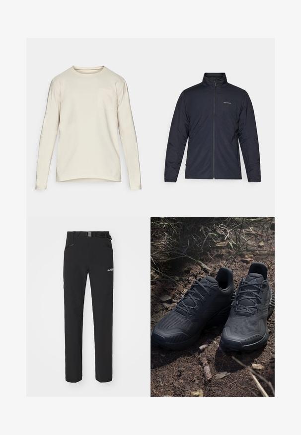 Schwarze leichte Jacke mit hohem Kragen, vollem Reißverschluss und Logo auf der linken Brust. Strukturiertes Material mit minimalistischem Design.; Langärmliges, Rundhalsausschnitt-Shirt aus leichtem beigen Baumwollstoff. Ausgestattet mit einer dezenten Tasche auf der linken Brustseite und einem abgerundeten Saum für eine lässige Passform.; Schwarze Outdoor-Hosen aus glattem Stoff, mit seitlichen Reißverschlusstaschen, verstärkten Kniepartien und einem verstellbaren Bund mit Schnalle.; Schwarze Sportschuhe mit einem strukturierten Strickobermaterial, verstärkter Zehenkappe und gepolsterten Sohlen, die auf erdigem Boden mit verstreuten Zweigen präsentiert werden.