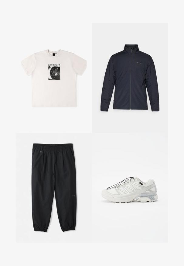 Mustmust värvitud kerge jakk kõrge kraega, täispikk tõmblukk ja logo vasakul rinnal. Tekstuuriga kangas koos minimalistliku disainiga.; Lühikeste varrukatega valge puuvillane T-särk, mille esiküljel on must graafiline trükk sõnaga "FORMER" ja spiraalidisain.; Mustad mustad elastseeliga püksid küljetaskutega, ankle elastsetega mansettidega ja väike logo paremal reiel.; Valge spordijalats, millel on tekstuurne võrkpealne, peegeldavad aktsendid ja pehmendatud tald. Omab elastseid paelu ja halli detailide toon.