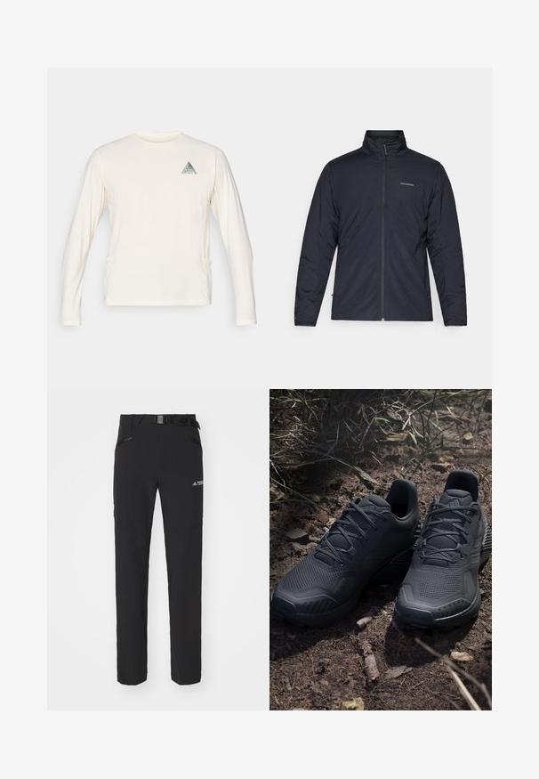 Schwarze leichte Jacke mit hohem Kragen, vollem Reißverschluss und Logo auf der linken Brust. Strukturiertes Material mit minimalistischem Design.; Langärmliges cremefarbenes Hemd aus weichem Stoff, mit einer dreieckigen Grafikapplikation auf der linken Brust und seitlichen Taschen.; Schwarze Outdoor-Hosen aus glattem Stoff, mit seitlichen Reißverschlusstaschen, verstärkten Kniepartien und einem verstellbaren Bund mit Schnalle.; Schwarze Sportschuhe mit einem strukturierten Strickobermaterial, verstärkter Zehenkappe und gepolsterten Sohlen, die auf erdigem Boden mit verstreuten Zweigen präsentiert werden.