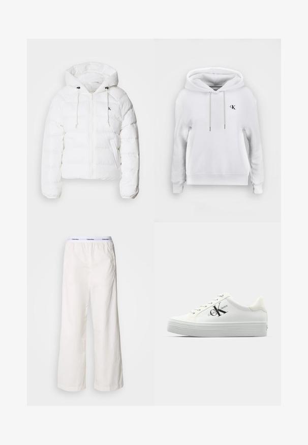 Calvin Klein Jeans - Kurtka zimowa; Biała bluza z kapturem wykonana z miękkiego materiału, z kapturem regulowanym sznurkiem, elastycznymi mankietami i małym czarnym logo na piersi.; Białe spodnie o szerokich nogawkach z elastycznym paskiem w kontrastowym kolorze z logo Calvin Klein. Wykonane z gładkiego materiału, zapewniają luźny krój.; Białe trampki platformowe z gładką syntetyczną cholewką, tonowymi sznurowadłami i czarnym logo. Wysoka, gumowa podeszwa posiada poziome rowki zapewniające przyczepność.