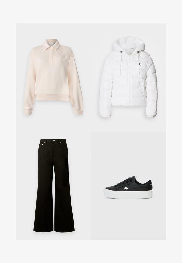 Calvin Klein Jeans LIGHTWEIGHT LOGO PUFFER - Vinterjacka - snow white; Ljusrosa polo sweatshirt med krage, tre knappslå och präglad logotyp på bröstet. Mjukt tyg, avslappnad passform.; Svarta högmidjade vida jeans med knappar och dragkedja framtill, bälteshällor och fem fickor, inklusive en liten myntficka.; Svart lågtopp sneaker gjord av syntetiskt material, med en vit gummisula, svarta snörningar och en liten vit logotyp på sidan.