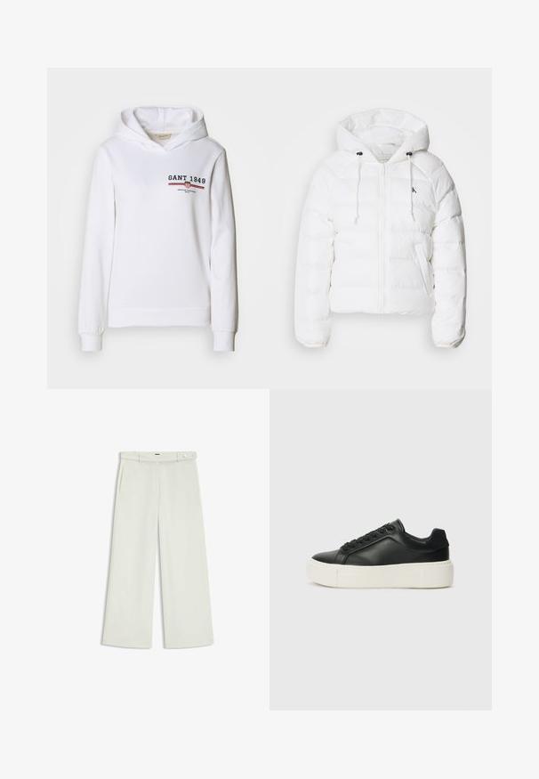 Calvin Klein Jeans LIGHTWEIGHT LOGO PUFFER - Winter jacket - snow white; White hoodie made of soft fabric, featuring a front logo with "GANT 1949" and red/blue striped accents, with long sleeves and a drawstring hood.; Wide-leg pants in light cream fabric, featuring side pockets, a flat front, and a single button closure at the waist. Smooth texture.; Black leather sneaker with a rounded toe, white platform sole, and black laces. Features a subtle logo on the heel and smooth texture.