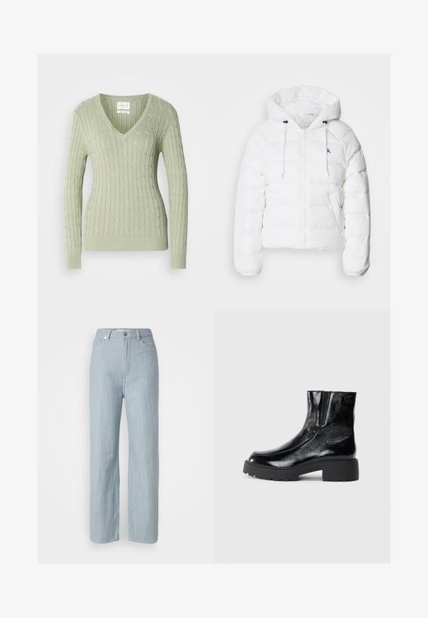 Calvin Klein Jeans LIGHTWEIGHT LOGO PUFFER - Ziemas jaka - snow white; Gai zaļš adīts džemperis ar V-veida kaklu, ar kabeli rakstu un ribotiem piedurknēm. Mazs logo akcents uz krūtīm.; Gaiši zilas taisnas kājas džinsi, izgatavoti no džinsa auduma. Iezīmē piecas kabatas, metāla pogu aizdari un smalku nodilumu tekstūrai.; Melnas potītes zābaki ar spīdīgu lakotu ādas apdari, masīvu melnu gumijas zoli un paaugstinātu papēdi; satur subtilu logotipa detaļu sānu daļā.