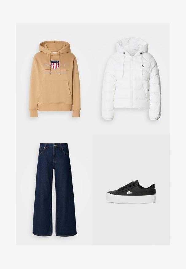 Calvin Klein Jeans LIGHTWEIGHT LOGO PUFFER - Veste d'hiver - snow white; Sweatshirt à capuche en beige, doté d'une poche avant, de poignets côtelés et d'un logo avec des accents rouges et bleus. Matériau doux en mélange de coton.; Jeans en denim bleu foncé à jambes larges avec une taille haute, des poches avant et une fermeture à bouton. Présente des coutures contrastées et une texture lisse.; Baskets basses noires en matériau synthétique, avec une semelle en caoutchouc blanc, des lacets noirs et un petit logo blanc sur le côté.