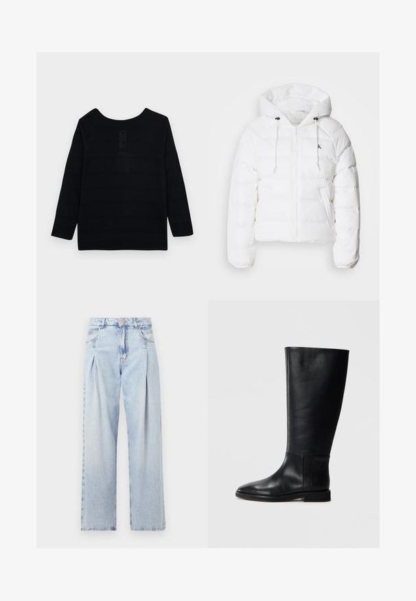 Calvin Klein Jeans LIGHTWEIGHT LOGO PUFFER - Talvejope - snow white; Musthave musta pika varrukaga top, millel on ümar kaelus, tekstuuriga muster ja tugevdavad õmblused õmbluste ääres.; Heledad sinise denimist valmistatud teksapüksid kõrge vöökohaga, laia jala lõikega, kahe külje taskuga ja pleedi disainiga. Pehme tekstuur ja pleekinud viimistlus.; Mustadast mustad nahast põlve kõrgus kingad, ümarate varvastega, siledast tekstuurist, minimalistlikus disainis ja lame tallaga. Lihtsad õmbluse detailid varrel.