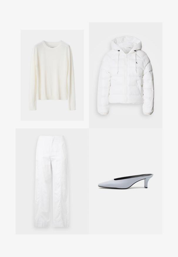 Calvin Klein Jeans LIGHTWEIGHT LOGO PUFFER - Veste d'hiver - snow white; Pull léger de couleur crème avec des manches longues, col et ourlet inférieur côtelés, fabriqué à partir d'un matériau en tricot doux, présentant un design simple.; Pantalons larges blancs en tissu léger, présentant une texture lisse, des lignes épurées et une taille haute.; Mule en cuir verni bleu clair avec un orteil pointu, un petit talon transparent et un design épuré mettant en valeur une découpe au cou-de-pied.