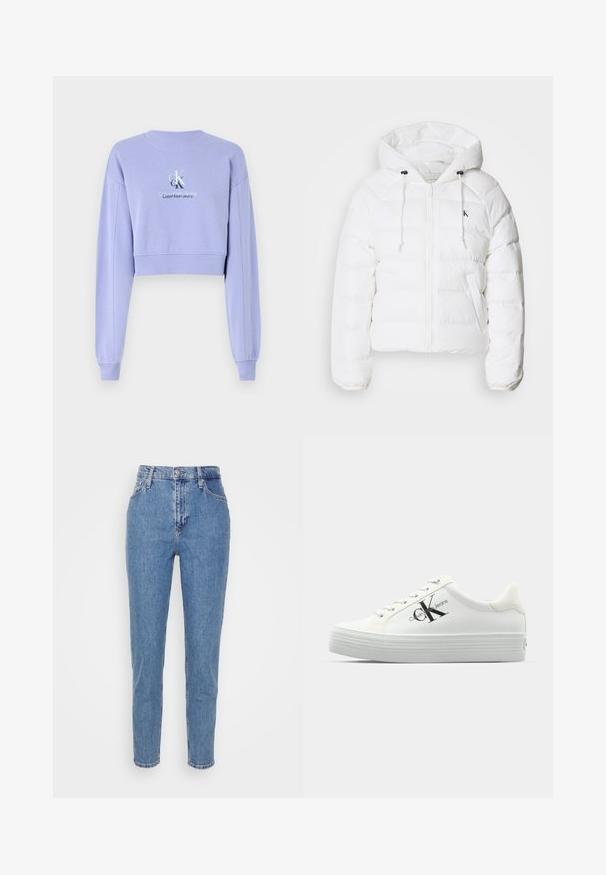 Calvin Klein Jeans LIGHTWEIGHT LOGO PUFFER - Veste d'hiver - snow white; Sweatshirt lilas court en tissu doux avec des manches longues, un col côtelé et des détails de logo brodés sur le devant.; Jean en denim bleu clair avec taille haute, coupe slim et longueur cheville. Comprend des poches avant, des passants de ceinture et une fermeture à bouton en métal.; Baskets plateformes blanches avec une tige en synthétique lisse, des lacets ton sur ton et un logo noir. La semelle en caoutchouc surélevée présente des rainures horizontales pour une meilleure adhérence.